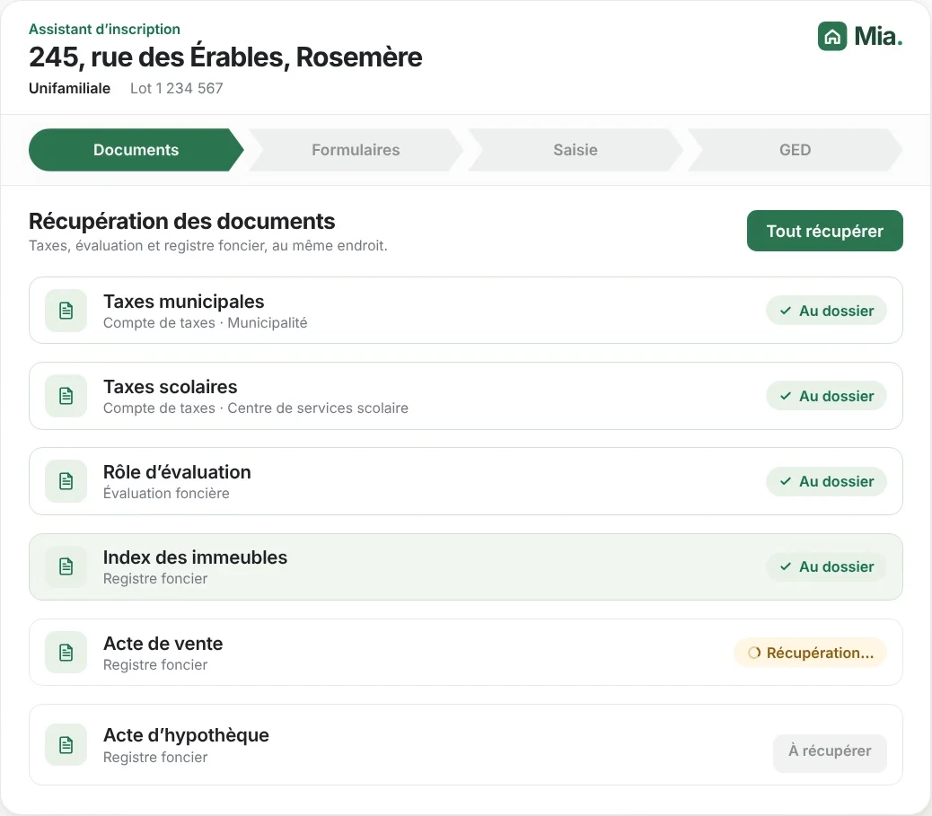 Mia récupère les taxes municipales et scolaires, le rôle d’évaluation, l’index des immeubles et les actes du 245, rue des Érables