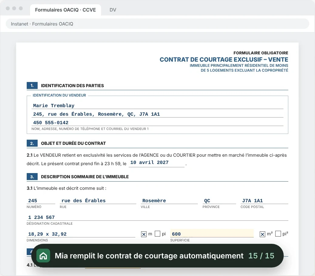 Contrat de courtage exclusif – vente rempli automatiquement par Mia dans Instanet